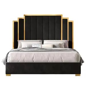 [MothersDayGift]VanAcc Bed Frame and 65" Headboard, Upholstered Bed with Golden Plating Trim, Modern Platform Bed No Box Spring Needed/Christmas Gift#SummerVibes