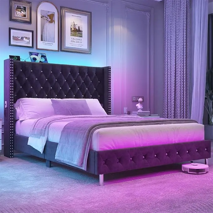 Queen LED Upholstered Bed Frame with Wingback Headboard, Velvet Diamond Button Tufted Bed Frame with USB & Type-C Ports, Wood Slats Support, No Box Spring Needed, Cream White/Dark Gray