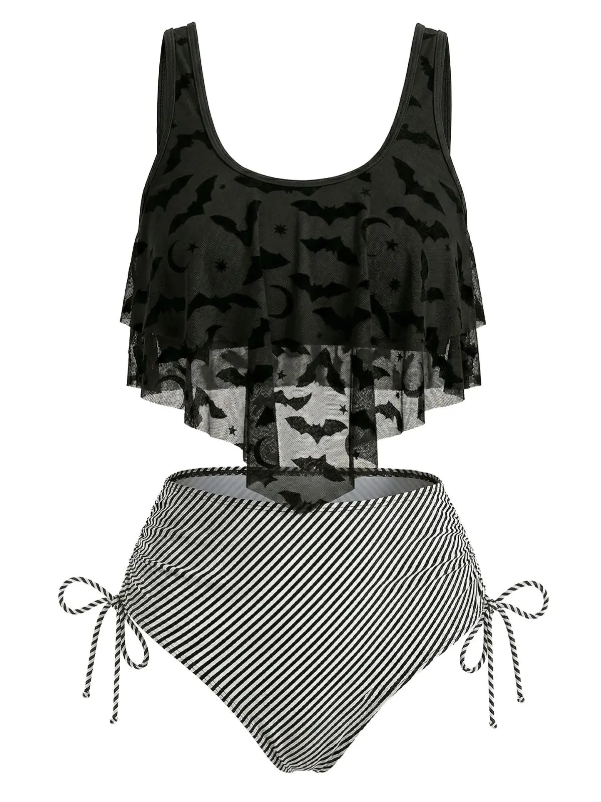 1970s Gothic Mesh Striped Bat Print Tankini Set summer outfits beach essentials vacation outfits