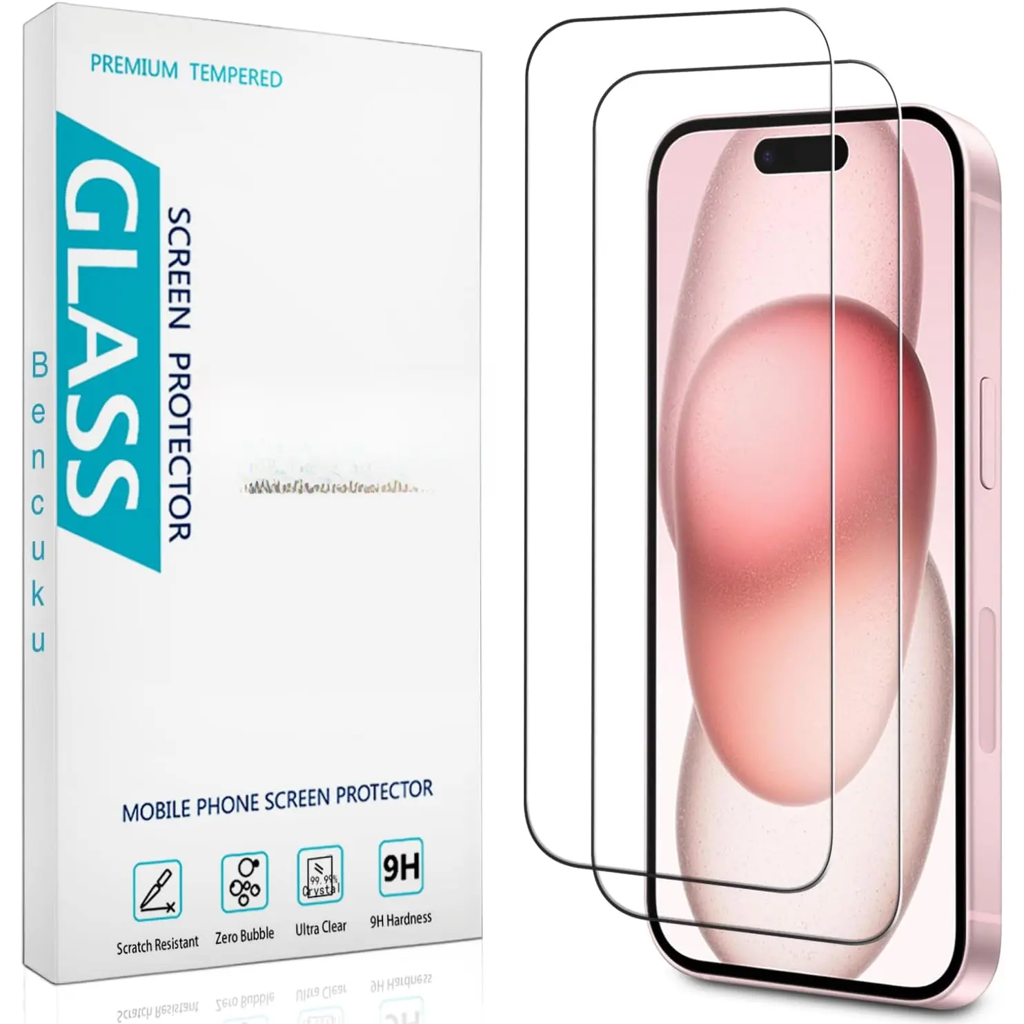 (2 Pack) iPhone 15 6.1-inch Tempered Glass Film Screen Protector, Easy to Install, Bubble Free, 9H Hardness