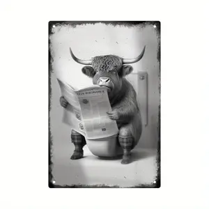 1pc Putuo Decor Highland Cow Reading Newspaper Metal Tin Sign - Vintage Rustic Iron Wall Art for Bathroom/Toilet, 7.8 x 11.8 Inches,