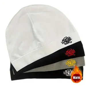Synaworld Embroidered Beanie Hat - Dopamine Color Series, Double-Layer Warm Pullover with "Synthetic" Design, Black, Polyester, Hand Washable, Casual & Versatile for Outdoor Activities, Outdoor Headwear |     Stylish Headgear |     Durable Headwear,
