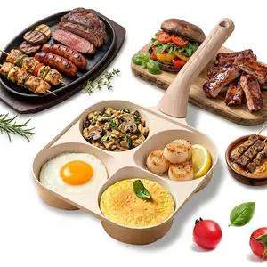 Non-stick 4 Hole Omelet Frying Pan with Handle, Easy Clean Breakfast Cooking Skillet for Pancakes Burgers Eggs and Sandwiches, Multifunction Divided Pan for Gas Stove & Induction Cooktops, Kitchen Gadgets for Everyday Cooking pot hot