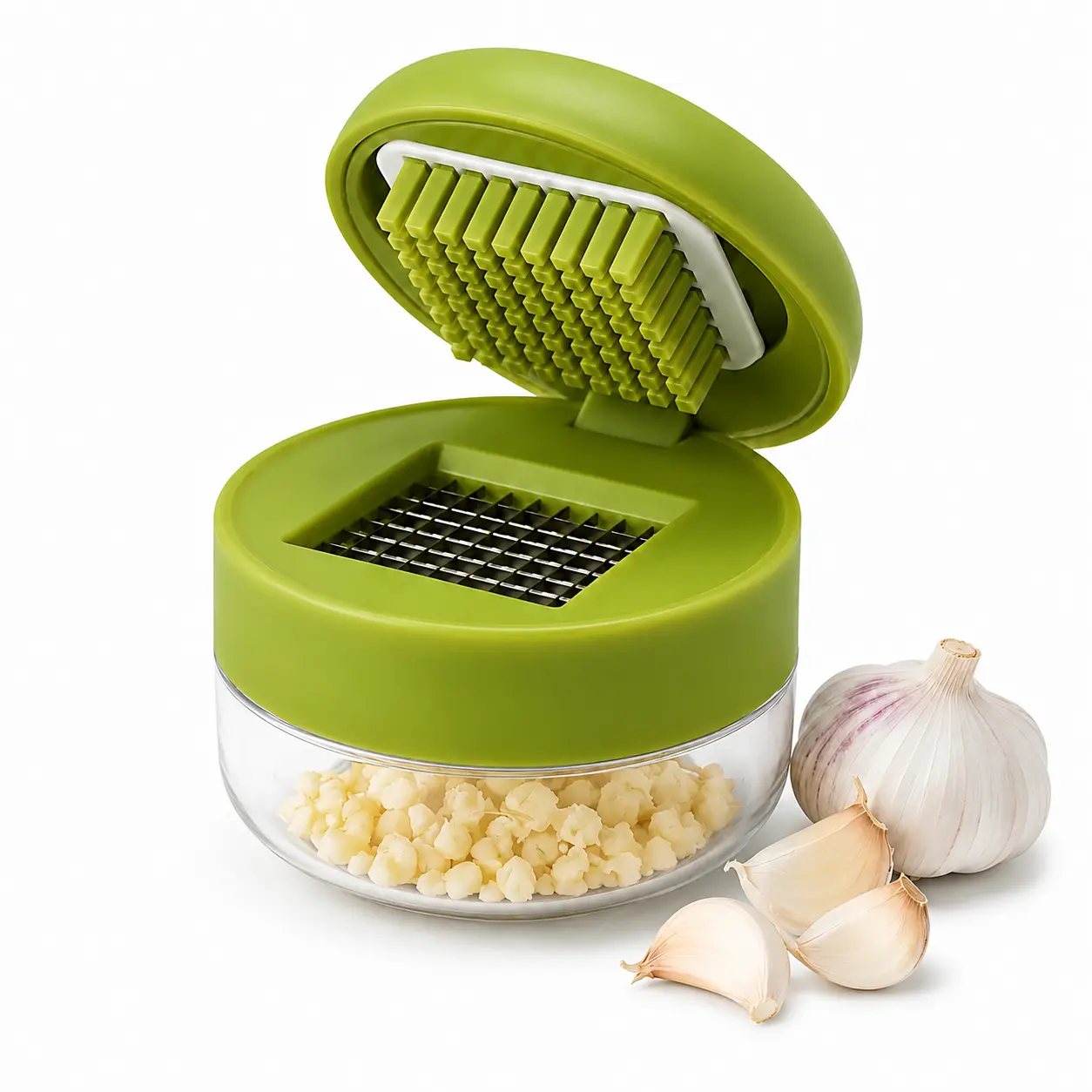 2/1PCS Manual Garlic Chopper, Mini Garlic Chopper, Mini Garlic Press Cutter with Stainless Steel Blades & Clear Collection Cup, Compact Kitchen Garlic Mincer for Garlic, Ginger, Onion & Chili, Easy-Press Food Prep Tool, Green