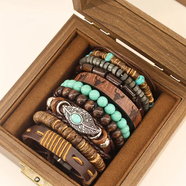 Bohemian Bangles, 10Pcs Multilayered Set with Cow Head Motif, Turquoise Beads Mix for Everyday Wear, Bracelet Stack, Pu Leather, Stack Set, Daily, Unisex, Turquoise Jewelry, Matching