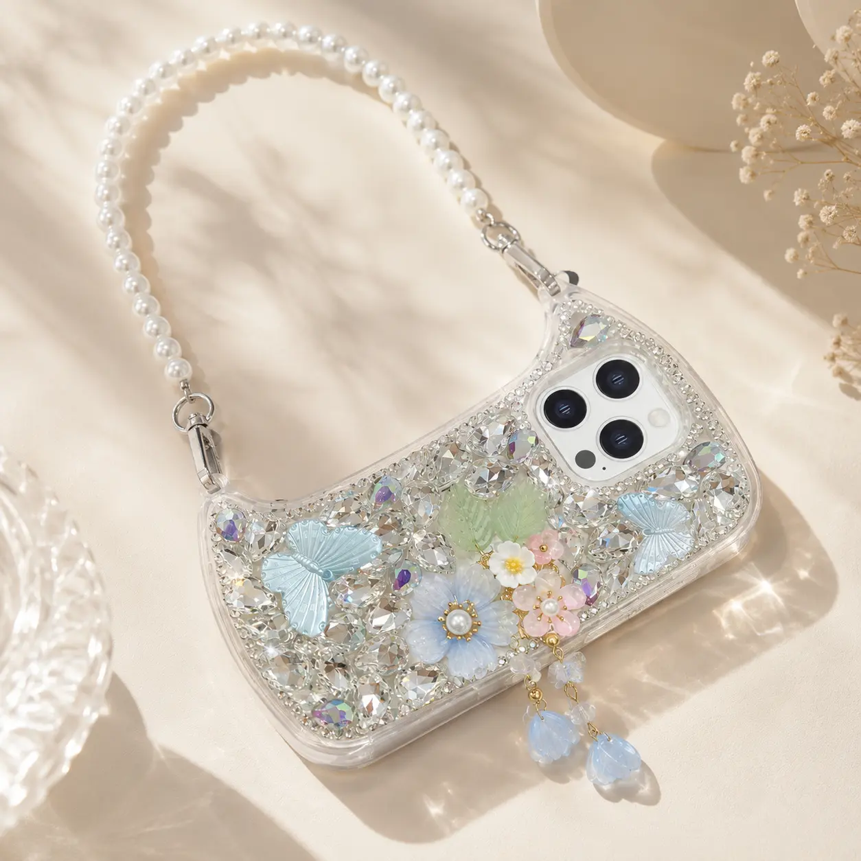 Butterfly rhinestone handbag case suitable for iPhone 17/16 Pro Max, iPhone 15 pearl case, iPhone 14 protective cover Yellow 3d phone,designer,aesthetic,print,luxury,crystal