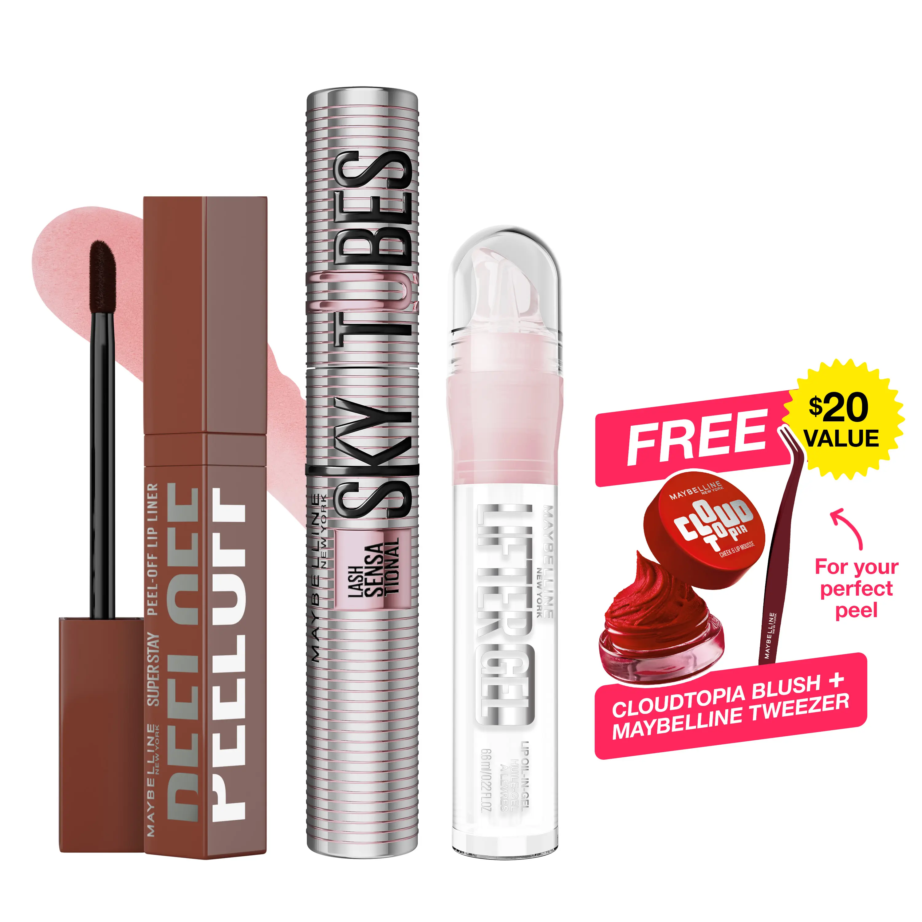 Maybelline Hot Seller Set, Sky Tubes Tubing Mascara, Peel-Off Liner, Lifter Gel Mintini, Get Free Cloudtopia