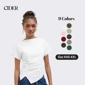 Cider Cotton-blend Boat Neck Ruched Asymmetrical Hem Tee