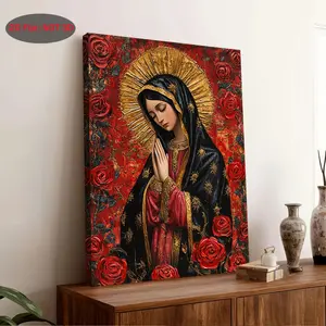 2D flat painting, 1-piece Guadalupe Virgin canvas painting--Virgin Mary wall art, adorned with red and gold roses, deep red and gold religious decoration--Catholic statue with wooden frame, Religious Home Decor