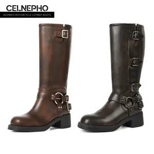 CELNEPHO Womens Motorcycle Boots Round Toe Combat Boot Chunky Block Heel Metallic Buckle Strap Design Easy Pull on Party Bike Riding Work Casual Streetwear Long Tall Punk Spring Summer Dressy Shoes Deals For You Days