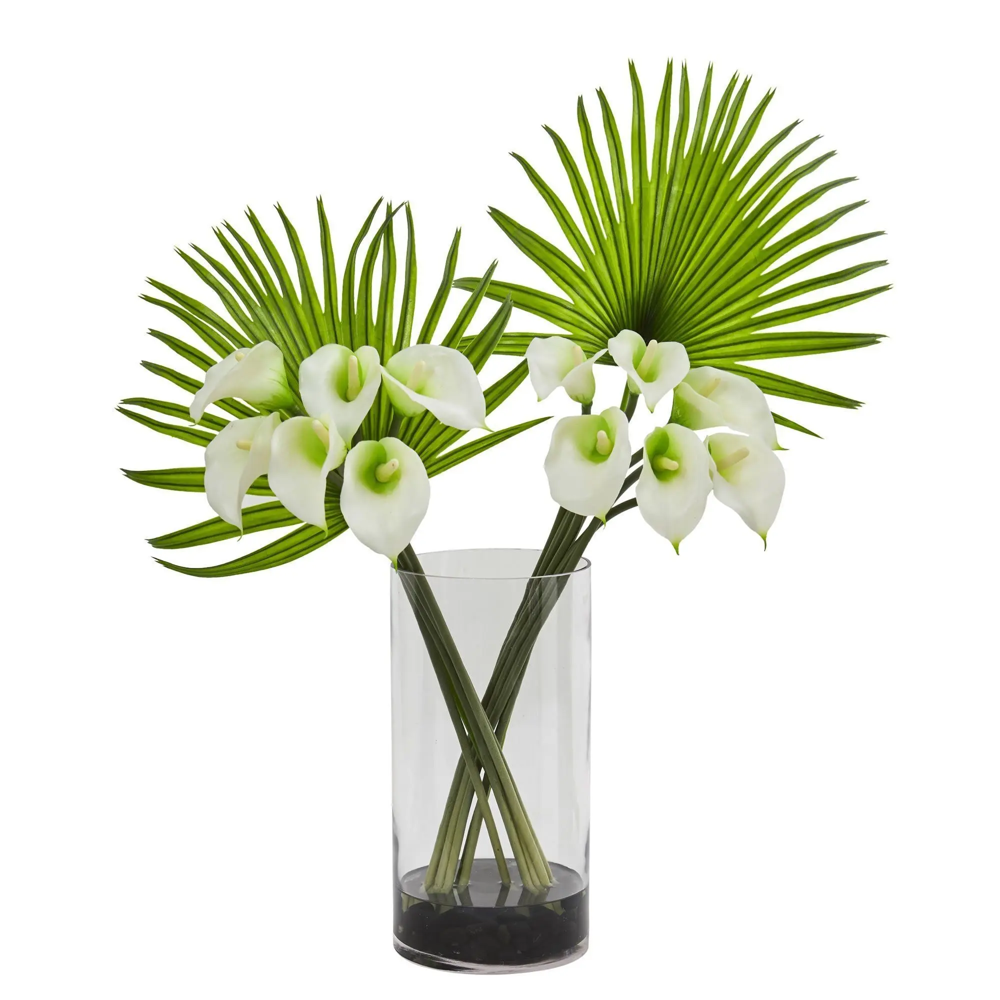 Lifelike Fake Plant Arrangement - Decorative Lifelike Artificial Calla Lily & Fan Palm in Cylinder Vase with Water Effect, Natural Look Floral Decor for Entryway, End Table Home Accent