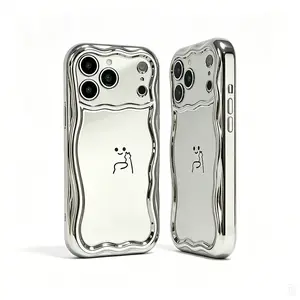 Wavy Edge Silver Mirror Phone Case, Cute Smiley Electroplated Protective Cover, Shockproof Anti-Drop Soft Silicone Case, Aesthetic Reflective Mirror Selfie Phone Case, Trendy Y2K Style Phone Cover for iPhone 17/16/15/14/13/12/11