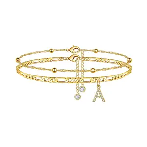 Popular 26-letter zirconia anklet, simple and stylish beaded Cuban double-layer anklet