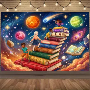 2D Flat Polyester Climbing Books Dream Theme Backdrop, Photo Booth Home Wall Decor, Party Banner
