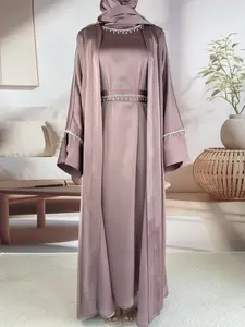 Luxury Satin Islamic Abaya Set for Muslim Women, Long Robe with Fringe Belt, Includes Hijab, Headband, Detachable Necklace, All Seasons Wear, Modesty Muslim Clothing
