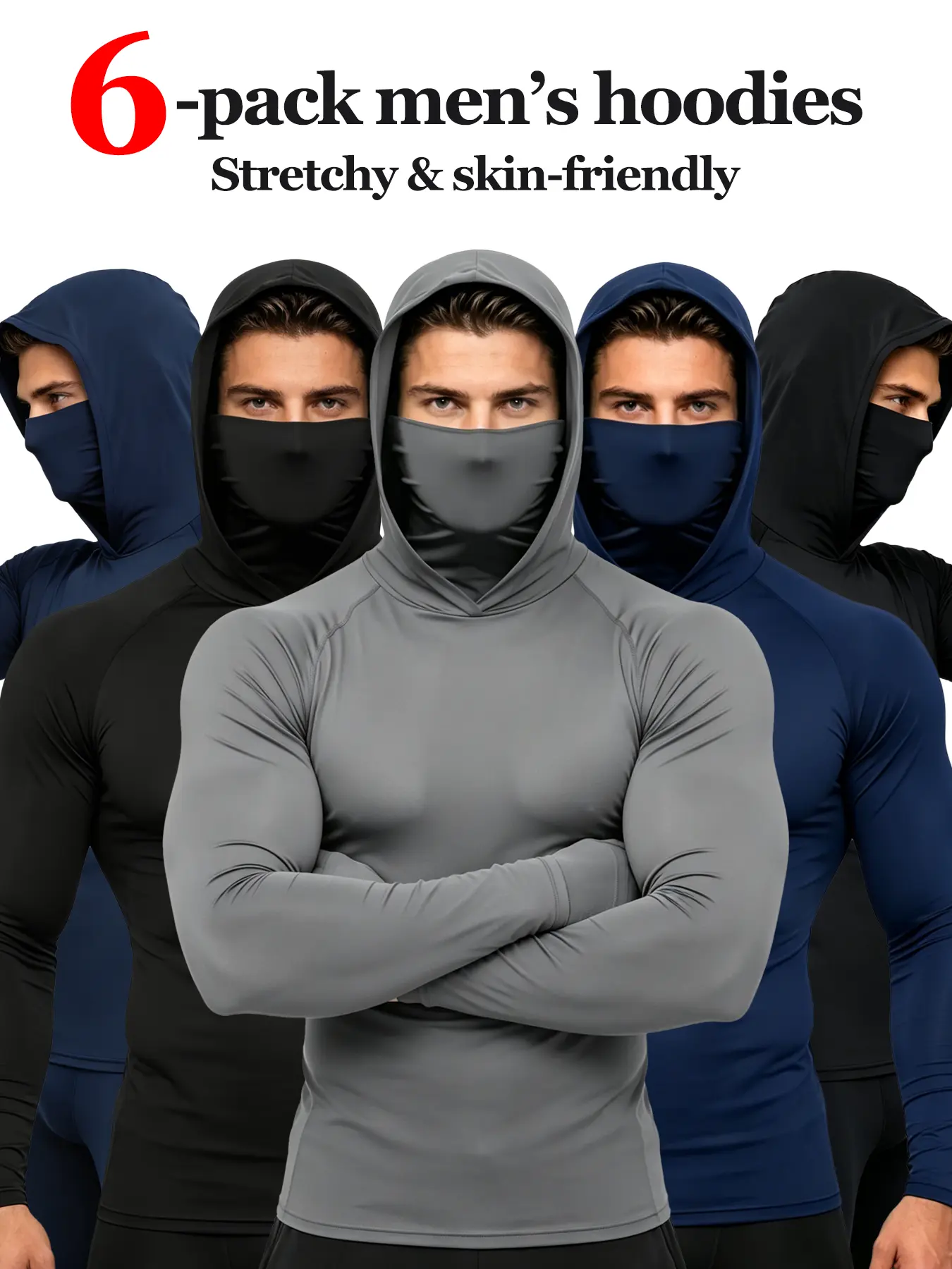 Men's 6-Pack Compression Shirts with Balaclava Hood, Long Sleeve Pull-On Stretch Tops for Fishing & Hiking, Male, Motorcycle Sports, Soft Stretch Material, Sporty Chic, Outdoor Gear, Pull-On Top, Stretch Fabric