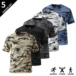 Pack of 5 short-sleeve tops, available in multiple colors. Breathable and casual, suitable for fitness and sports. Designed for teenage boys/male students. Crew neck with a camouflage print pattern that has stretch. Ideal for outdoor everyday wear.