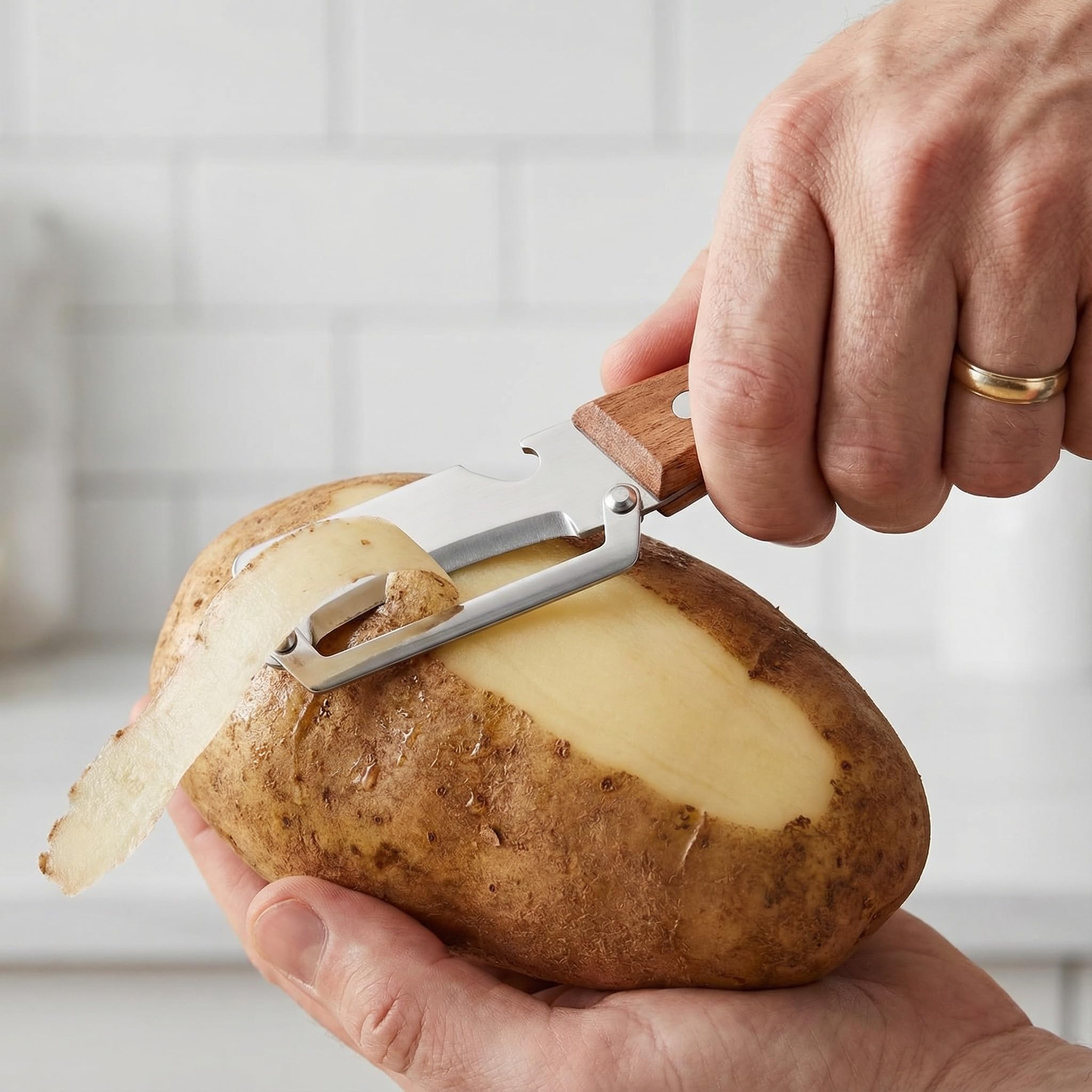 2 Pack 2 in 1 Multi Functional Vegetable Peeler with Bottle Opener and Wooden Handle Stainless Steel Blade Kitchen Tool for Sugar Cane Potato Fruit Pineapple Pumpkin Papaya Carrot Veggie Peeler