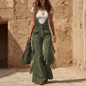 Western Fringe Suede Flared Overalls High Waisted Boho Festival Pants