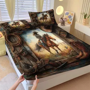 Unrestrained Western Cowboy Fitted Sheet Set (with 2 Pillowcases) | Top American-Style Gift, Soft & Skin-Friendly, Full of Unique Decor Vibe
