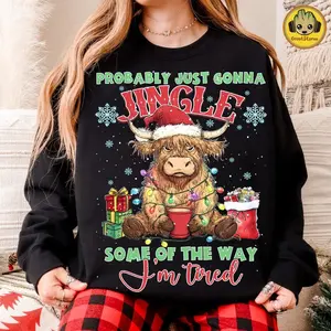 Retro Just Gonna Jingle Some Of The Way I'm Tired Christmas Sweatshirt, Funny Holiday Shirt Design, Christmas Highland Cow, Jingle Bell, Menswear Womenswear