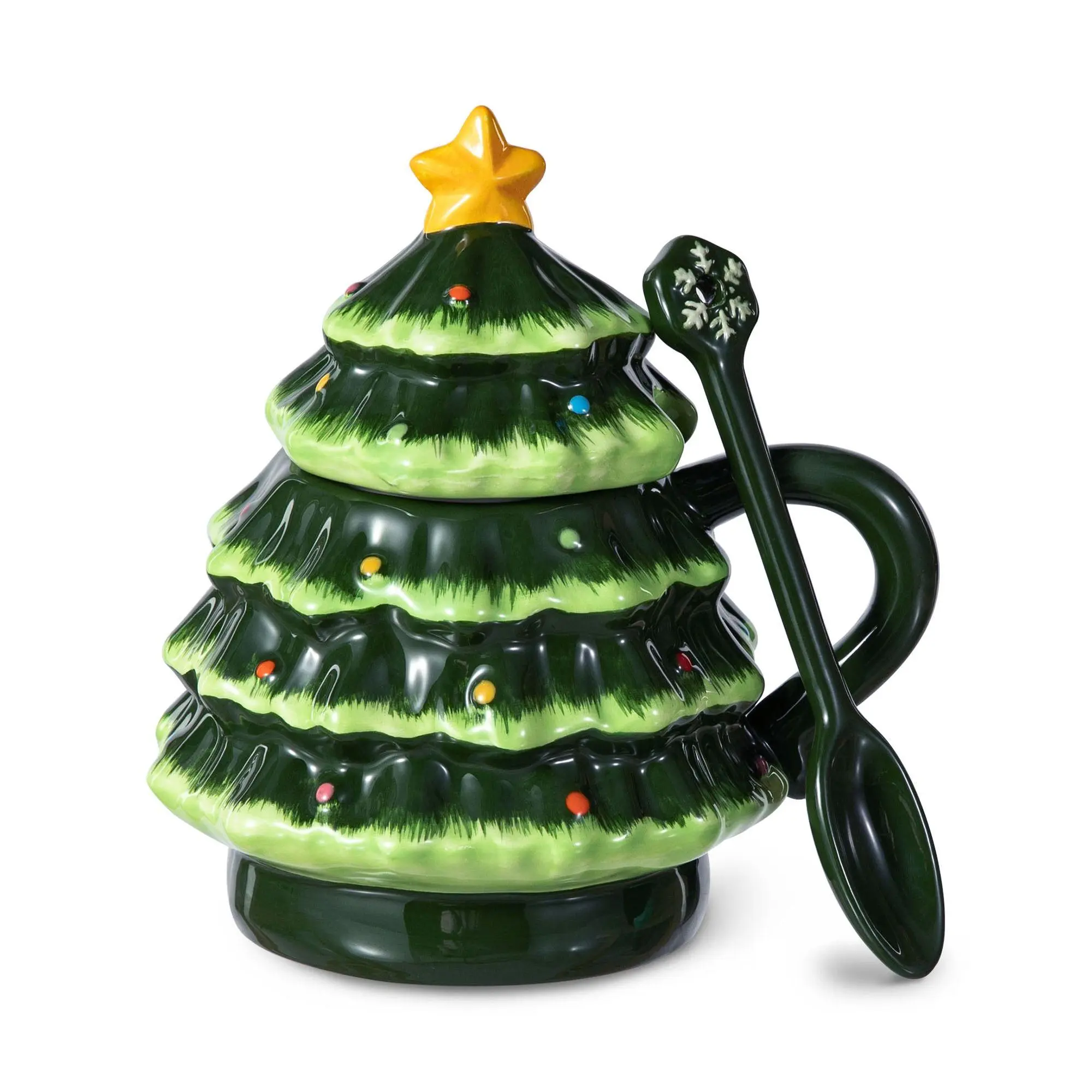 Glitzhome 6.5"H Christmas Ceramic Tree Mug withLid and Spoon Glitzhome 6.5"H Christmas Ceramic Tree Mug withLid and Spoon