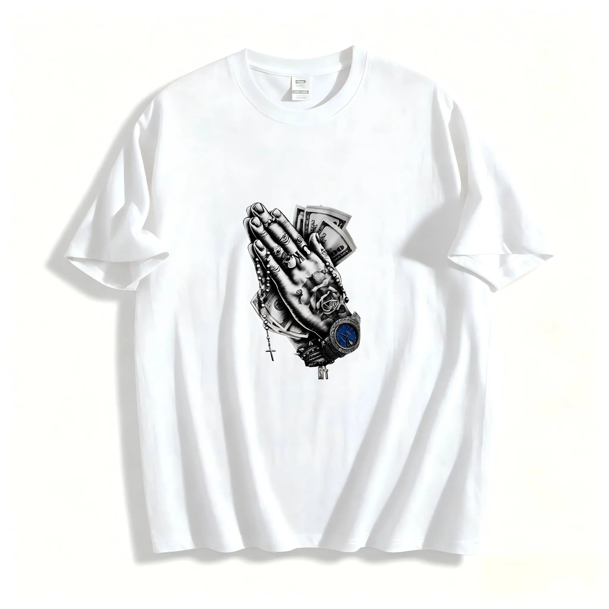Praying Hands Money Dollar Streetwear Graphic Tee  Hip Hop Oversized Cotton T-Shirt  100%cotton