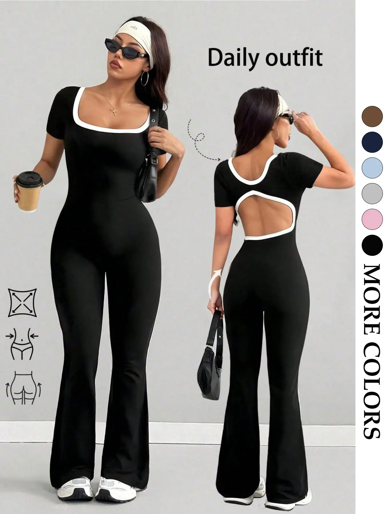 Women's Contrast Color Basic Minimalist Square Neck Backless Jumpsuit, High Elastic Waist Lifted Butt Hollow Out, Casual Aesthetic Everyday Short Sleeve Fitted Hip Lifting Jumpsuit for All Seasons