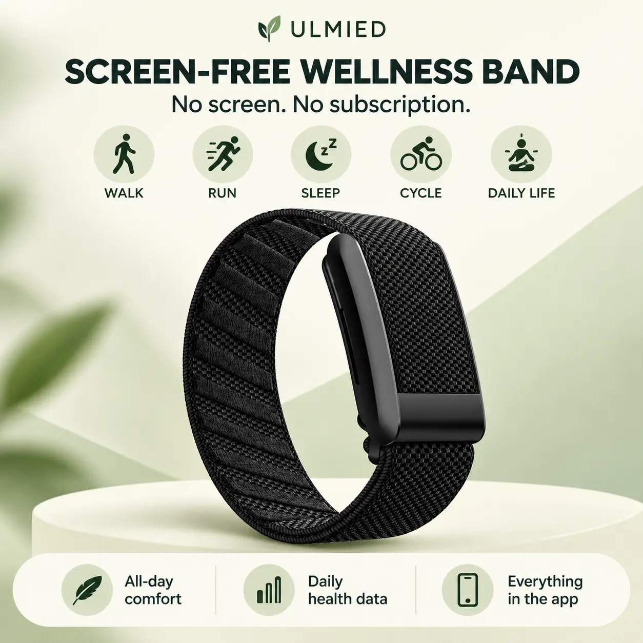 ULMIED Screen-Free Smart Watch Fitness Tracker - Waterproof Smart Wristband with 24/7 Sleep Tracking, Heart Rate Monitoring, Calorie & Activity Tracking, 30-Day Battery Life, Bluetooth Sync, iOS & Android Compatibility, Mobile App Support (Black)