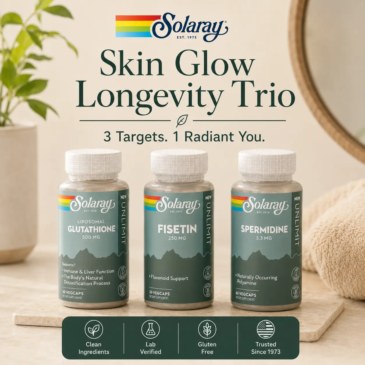 Solaray Skin Glow Longevity Trio - Liposomal Glutathione + Spermidine + Fisetin