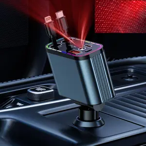 4 in 1 Retractable Car Charger for iPhone & USB-C with Starry Light Fast Charging Adapter Removable Design