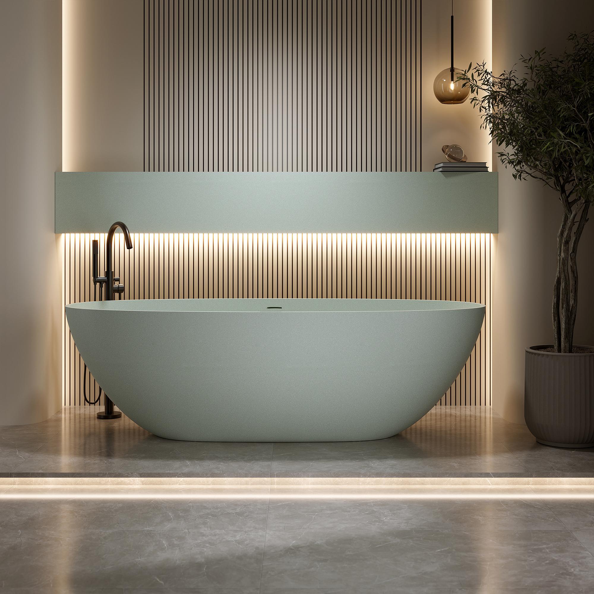 55' Freestanding Bathtub Resin Stone Soaking Bathtub Solid Surface Modern Tubs with Overflow and Pop-up Drain