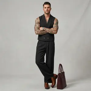 INCERUN Men's 2PCS Basic Plain  Casual Suit Set, Mensfashion Clothes - Solid Color Lapel Sleeveless Double Breasted Blazer Vest & Pants, Premium Fabric