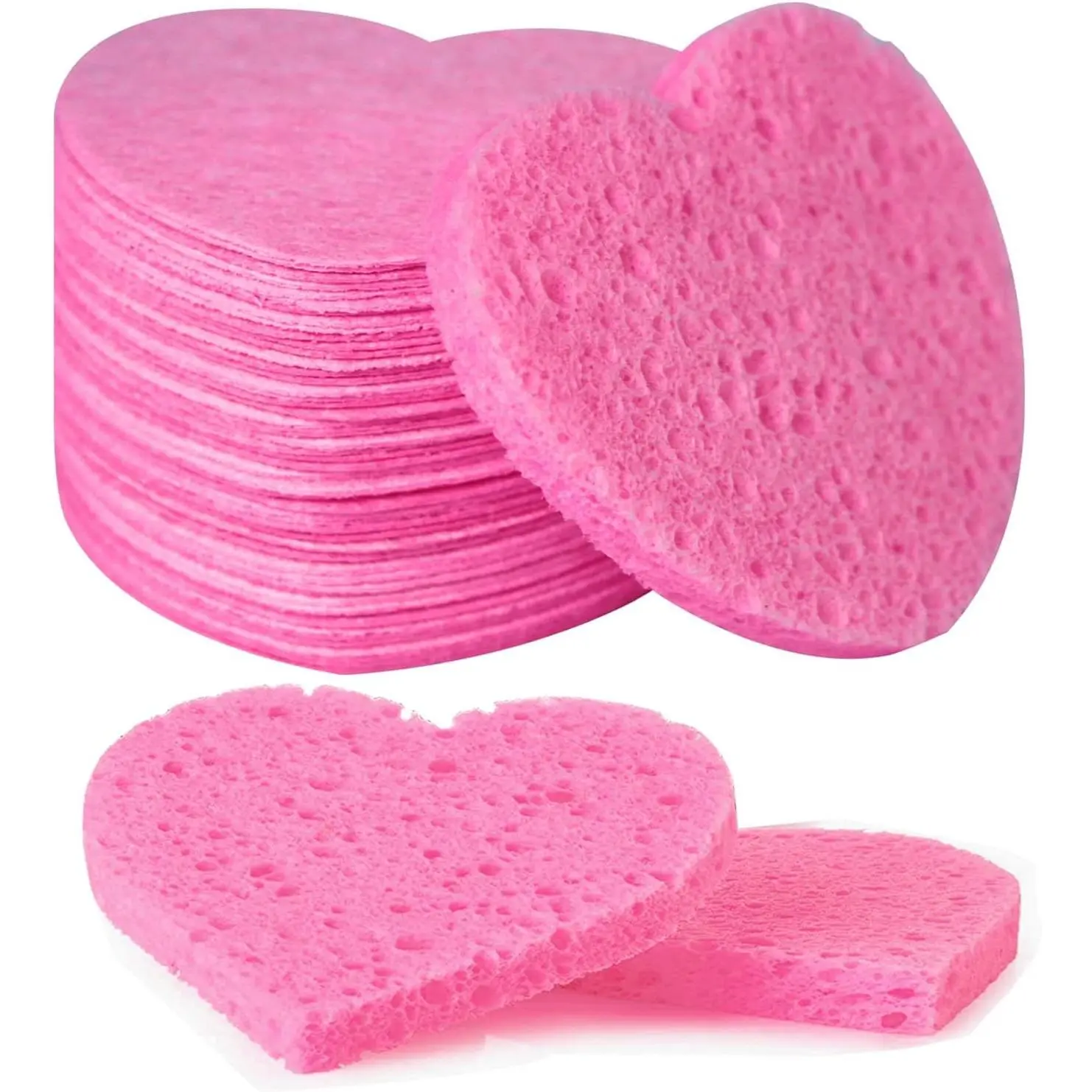50-Count Facial Sponges Compressed Natural Cellulose Sponge Heart Shape Face Sponge for Face  Exfoliating and Makeup Removal, Pink