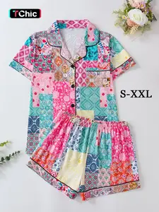 Women's Patchwork Print Shortsleeve Top & Shorts Pyjama, Comfy Short Sleeve Lapel Neck Top & Shorts Matching Pj Set, Ladies Sleepwear for All Seasons, Sleepwear Pajamas Set, Pajama Sets, Casual Sleepwear Set, Summer Loungewear