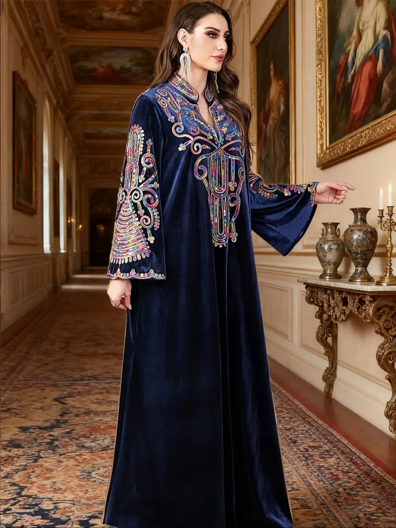 Women's Ethnic Embroidered Sequins Long Dress, Afghan Dresses, Loose-Fit Woven Fabric, Fall & Winter, Perfect for Muslim Women, Modesty Muslim Clothing, Islamic Muslim Clothing, Muslim Evening Dress