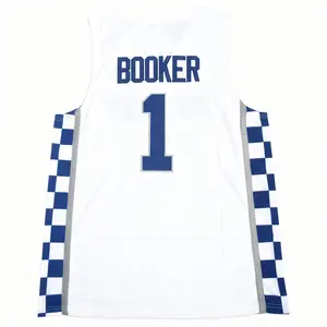Retro Vintage Booker Basketball Jersey #1 Stitched White Blue 100% Polyester Mesh Breathable Quick Dry Handmade Soft Fabric