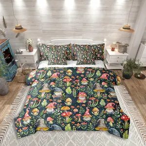 Mushroom Gnome Comforter Set Bed in a Bag,7 Pieces,Botanical Leaves Bedding Set, (Comforter+Fitted+Flat Sheet+2 Pillowcases+2 Throw Pillow Covers)