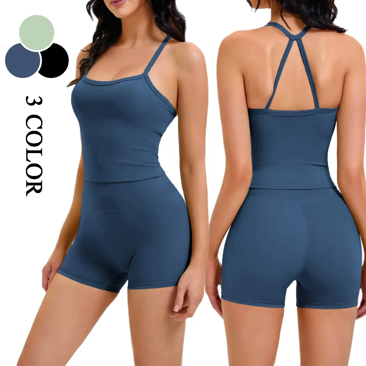 Women's 2-Piece Sporty Clothing Sets - Longline Cross Back Padded Sleeveless Sports Bra Crop Tank & High Waist Athletic Shorts, Machine Washable for Volleyball Yoga Gym, Sporty Women's Clothing Sets
