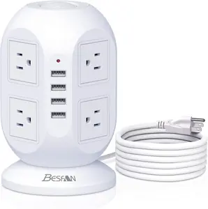 Tower Surge Protector Power Strip, BESFAN 10 Ft Extension Cord with Multiple Outlets, 1050J Surge Protector, 8 Outlets 4 USB Ports Charging Station for Home Office Supplies Desk Accessories BESFAN