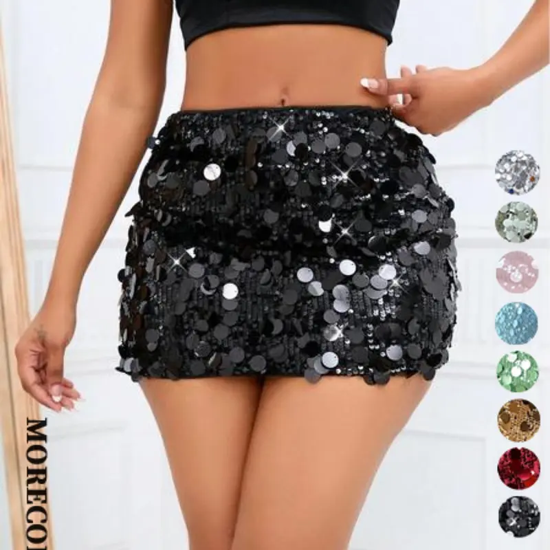 Women's Glitter Sequins Mini Skirt, Perfect for Parties & Clubs, Shiny Elastic Skirt for All Seasons, Trendy Bottoms Fit