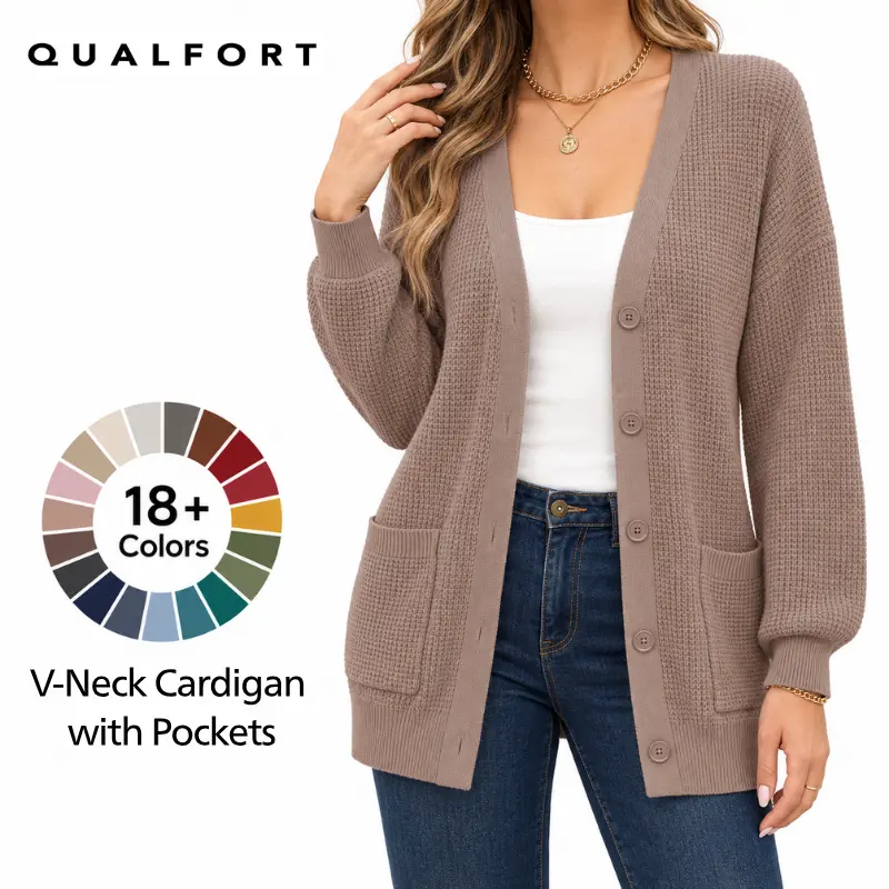 QUALFORT Women's 100% Cotton Chic Knitted Cardigan Sweater - Soft, Breathable Long-Sleeve V-Neck Button-Front Knitwear with Pockets, Casual Layering Tops for Spring, Fall Outfits