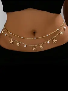 Boho Starfish Shell Belly Chain, Starfish Design 2 Layer Beaded Waist Jewelry for Beach, Beach Ready, Beach Outings, Stylish Accessory for Summer, Starfish Motifs, Beaded Layers