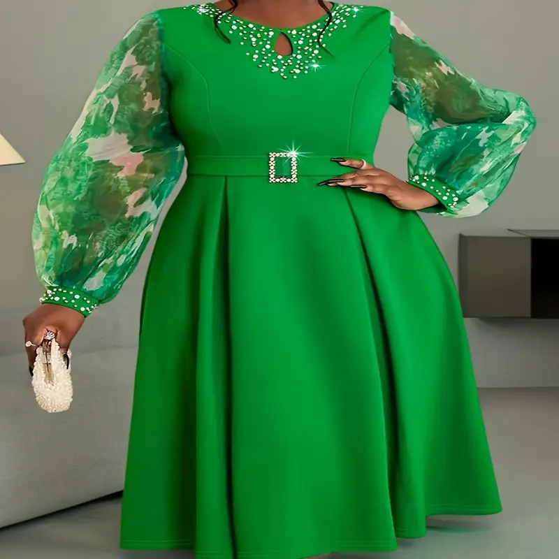 Elegant Emerald Green Beaded Round Neck Long Sleeve Formal Dress VV607860 with Ruching Tie-Dye Detail Machine Washable Polyester for Weddings Galas Parties Womenswear