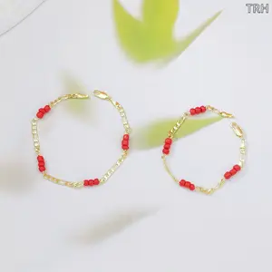 14K Gold Plated Red Beaded  Chain Bracelet for Women, Dainty Lucky Red Bead Chain, Minimalist Gold Wrist Accessory, Adjustable Jewelry for Everyday Wear, Christmas & Holiday Gifting