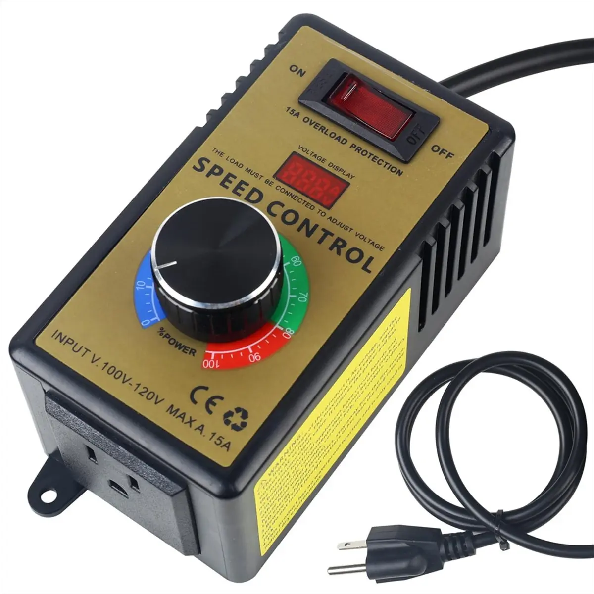 AC Motor Speed Controller - Adjustable Voltage, 100V-120V, 15A Max High Current, Plastic Variable Speed Regulator with LED Screen, Voltage Display, Back Clip, US Plug for Automotive & Motorcycle Exterior Decoration Fans