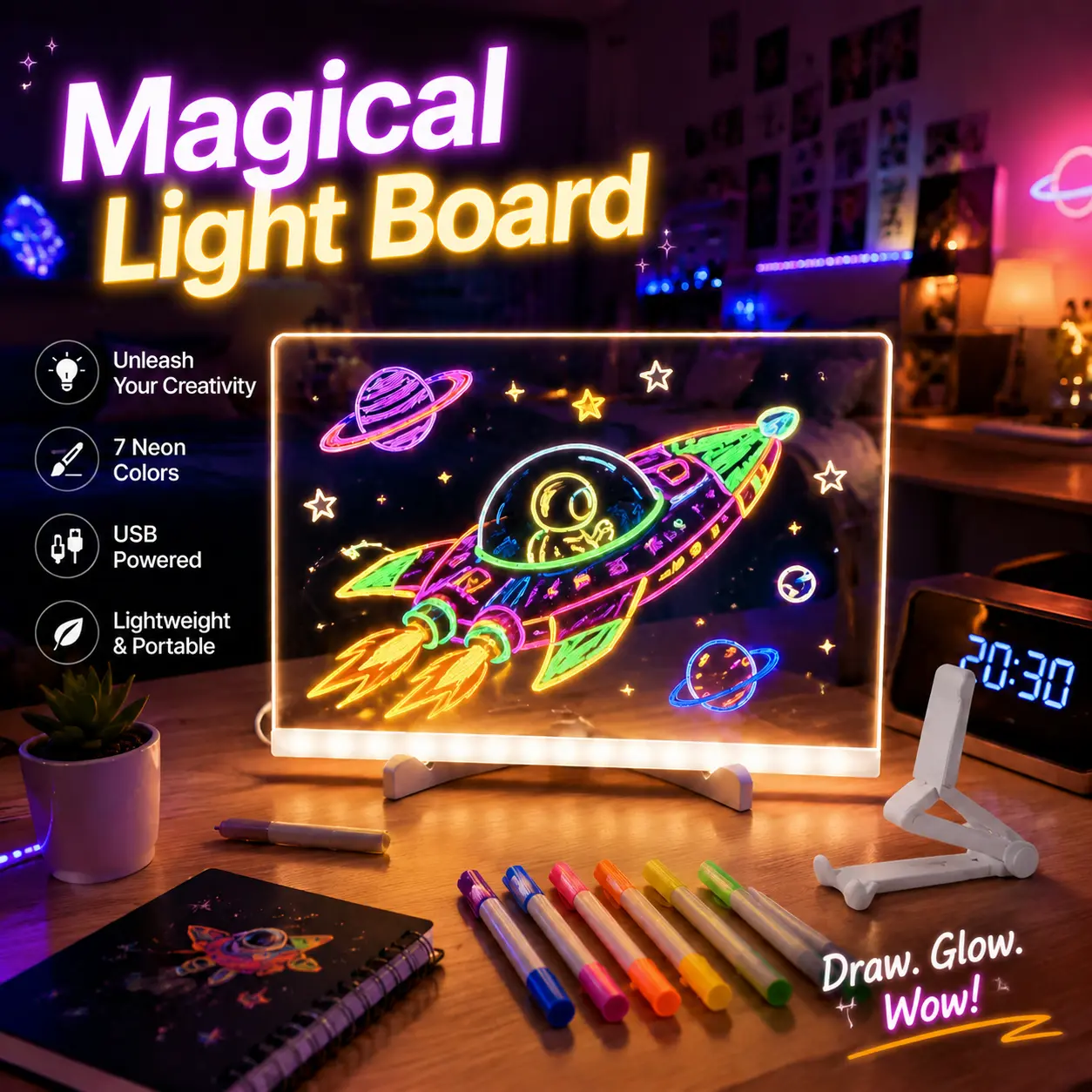 Acrylic LED Drawing Board for Kids, Acrylic Dry Erase Light-Up Drawing Board with Stand, Markers & Wipes, Erasable Reusable Board for Kids Learning, Ideal Gift for Birthday