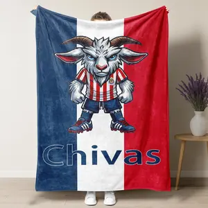 Chivas GOAT Soccer Mascot Blanket | Cartoon Goat in Striped Jersey | Red, White & Blue Sports Throw for Fans & Home