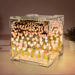 Tulip Night Light, LED Infinity Mirror Lamp Tulipanes DIY Finished Product Decorations Lights Artificial Flower Bedside Table Lamp Creative Gift for Mom Teenage Girl Couple Friend