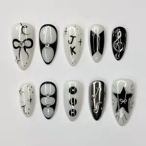 JungKook Inspired Black & White Nails | Kpop JK Solo Era Press Ons | Y2K Star and Bow Nails | Musical Note Gothic Press On